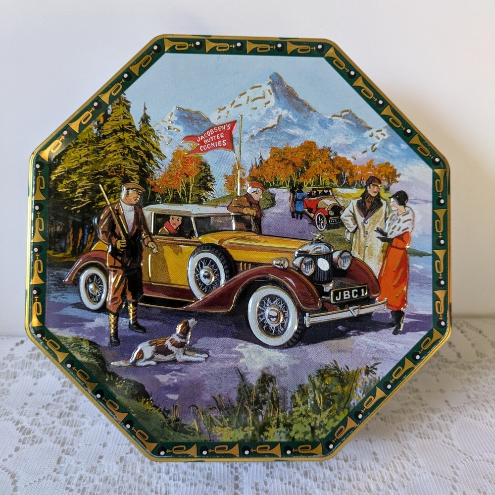 Vintage Biscuit Tin Classic Cars Jacobsens Danish Butter Cookies Embossed Autumn